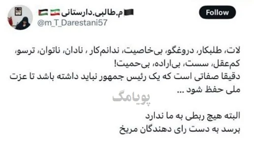 توییت مهری طالبی دارستانی و توهین به پزشکیان