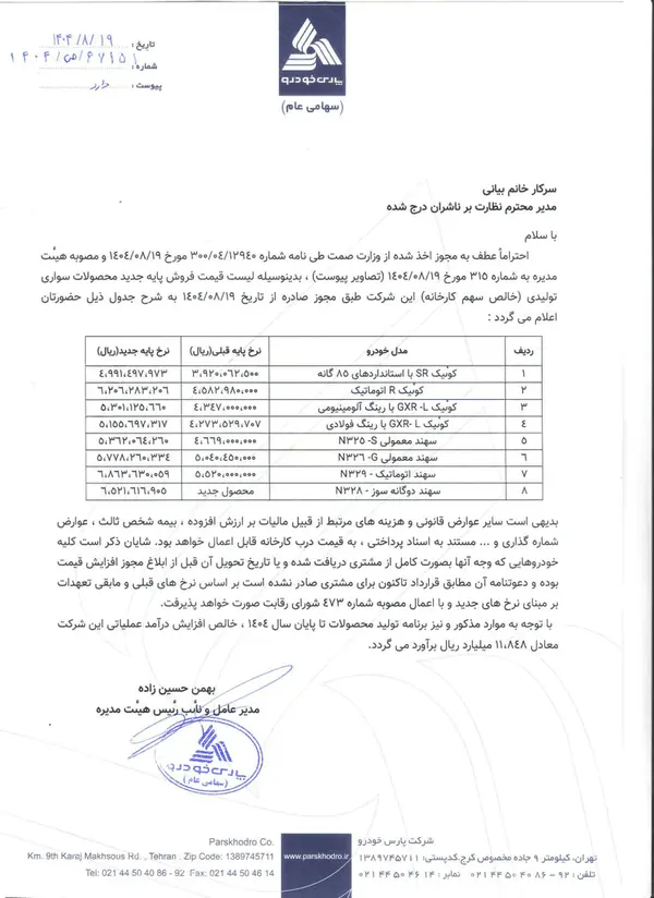 لیست قیمت سایپا
